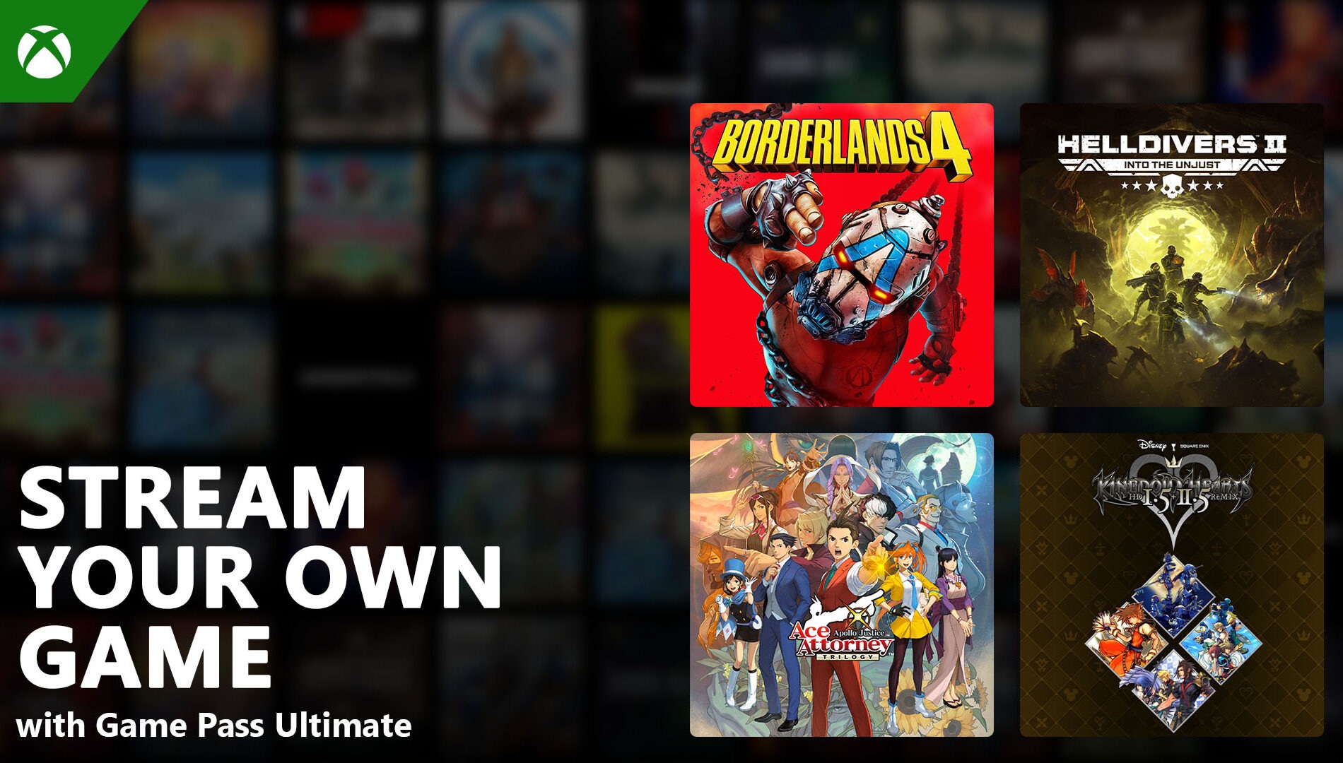 Xbox Game Pass &quot;Stream Your Own Game&quot; banner with Borderlands 4 and Helldivers 2