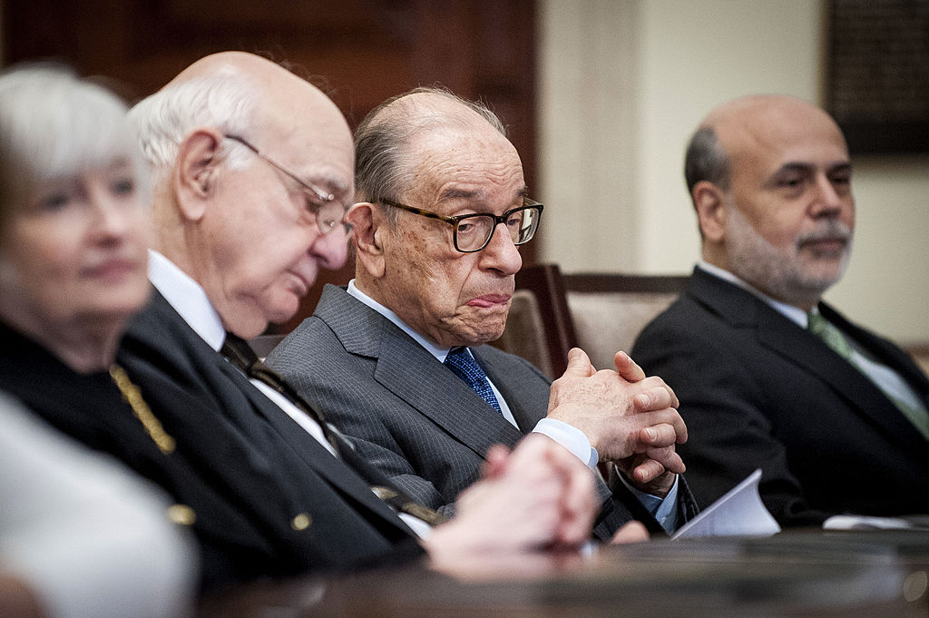 Former Fed Chair Alan Greenspan at a gathering of The Board of Governors of the Federal Reserve System to commemorate the 100th anniversary of the signing of the Federal Reserve Act.