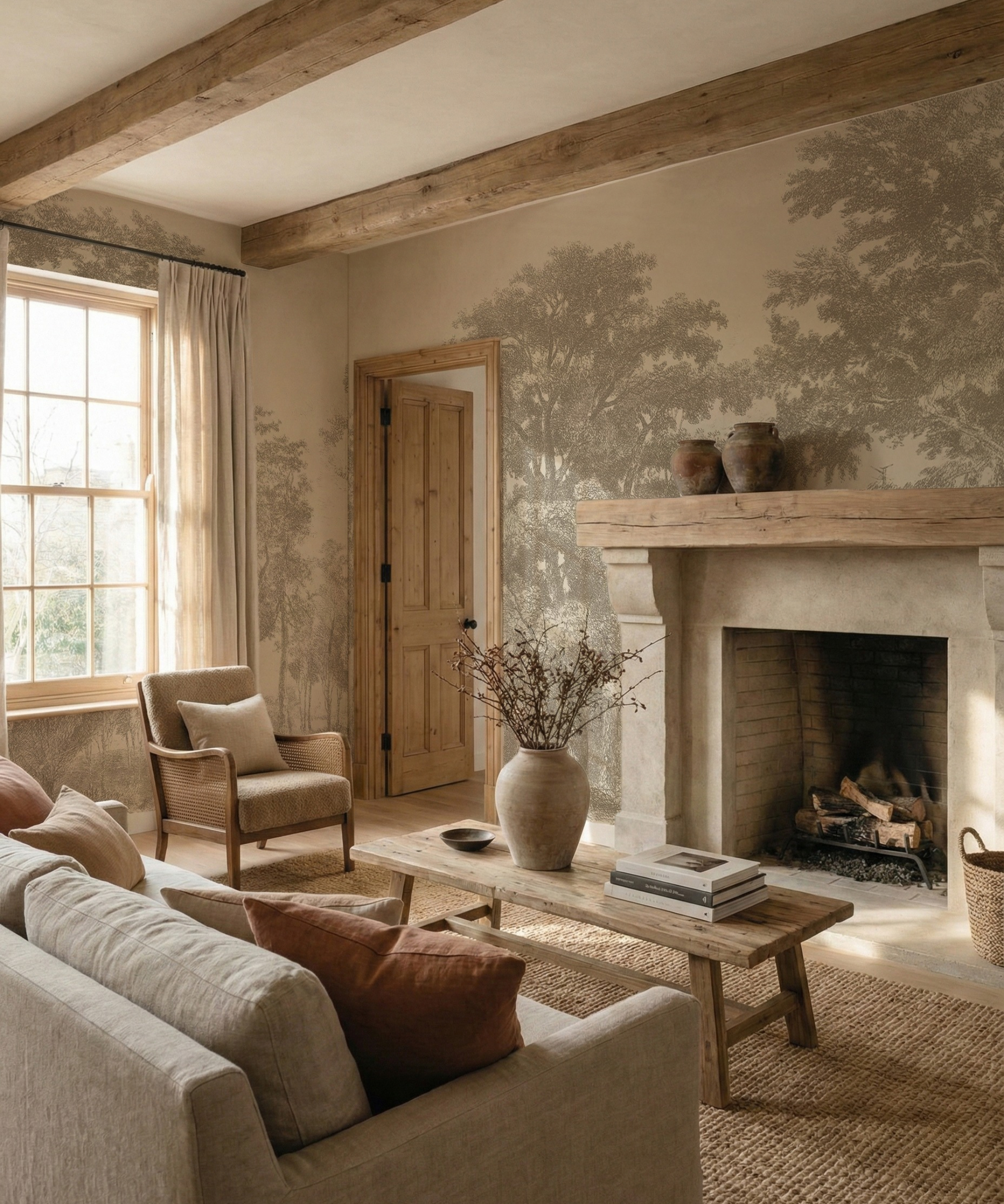 Beamed living room with sepia tree mural, stone fireplace with oak mantel, linen sofa, rustic coffee table and jute rug