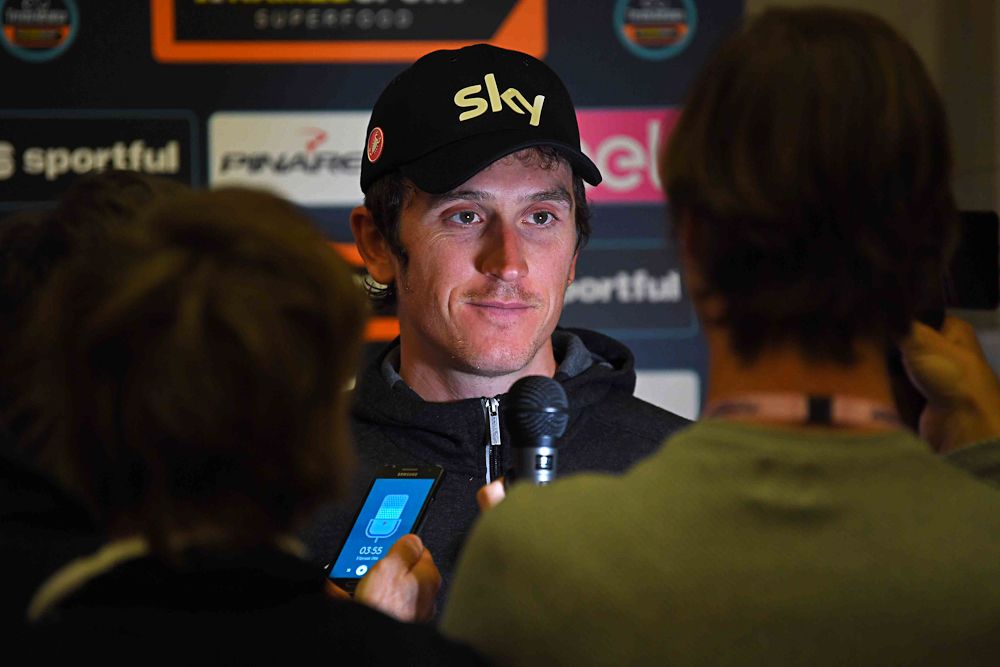 Geraint Thomas speaks to reporters at the Tirreno-Adriatico press conference