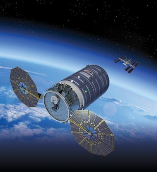 An illustration of Orbital ATK's enhanced Cygnus spacecraft on approach to the International Space Station.