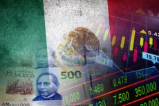 Mexican flag, mexican pesos bills in cash and stock market indicators - Economy graph