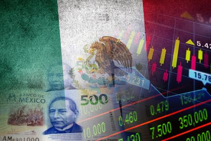 Mexican flag, mexican pesos bills in cash and stock market indicators - Economy graph