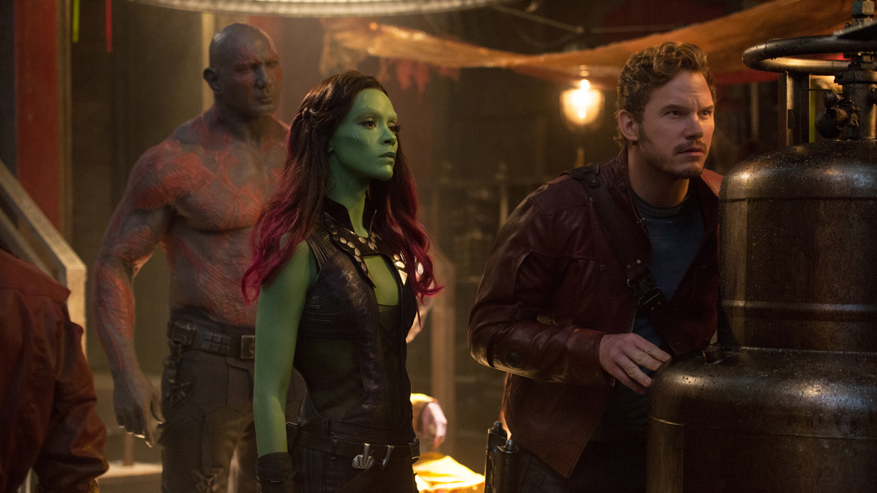 Gamora Star Lord and Drax in Guardians of the Galaxy