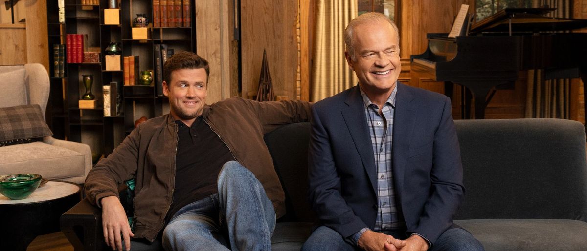 L-R: Jack Cutmore-Scott as Freddy Crane and Kelsey Grammer as Frasier Crane in Frasier