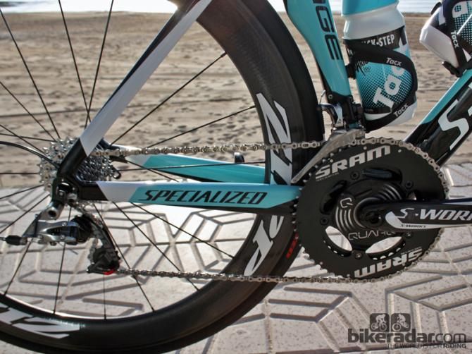 Big carbon fiber crankarms are augmented with a QuarQ power meter and a solid outer chainring