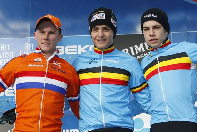 U23 men's World Cup podium at Zolder (L-R): Corne Van Kessel, 2nd; Wietse Bosmans, 1st; Wout Van Aert, 3rd