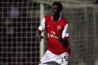 Emmanuel Adebayor celebrates after scoring his third goal for Arsenal against Derby County in April 2008.