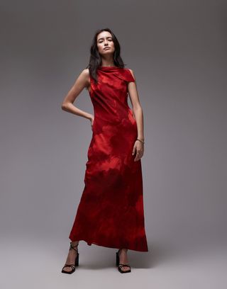 Topshop Asymmetric Neck Bias Cut Midi in Red Mineral