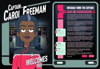 a cartoon woman in a red starfleet uniform under the words "Captain Carol Freeman: a message from the captain"