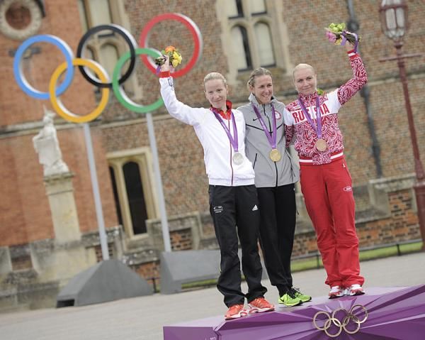 Elite women's time trial podium: Judith Arndt, Kristin Armstrong and Olga Zabelinskaya