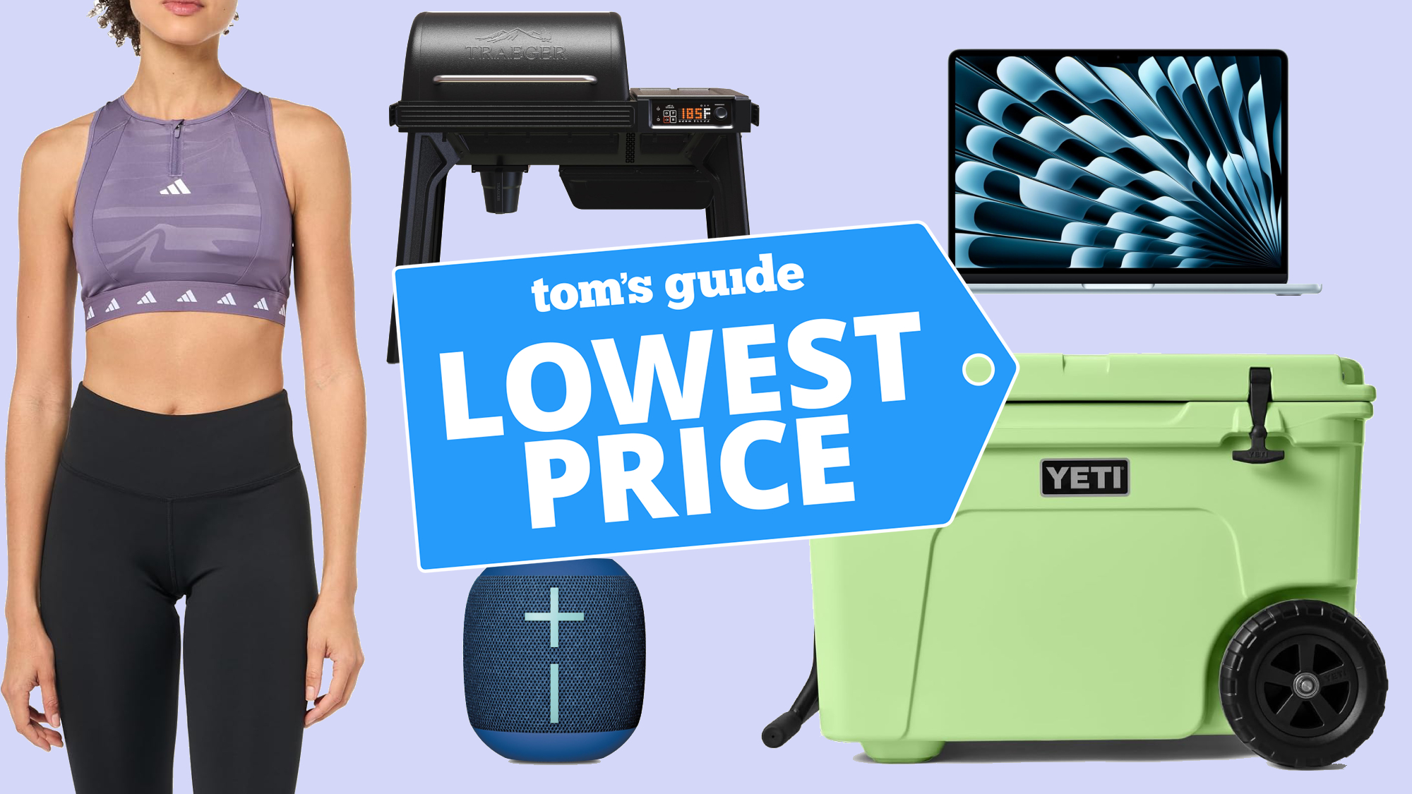 Woman with Adidas clothing, Traeger grill, Yeti cooler, MacBook Air and Wonderboom speaker
