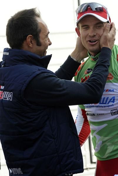 Alexander Kristoff (Katusha) is congratulated after his win by Erik Zabel