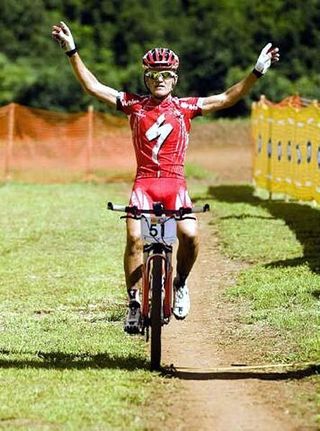 Burry Stander crosses the finish line at Mankele to secure his second consecutive win