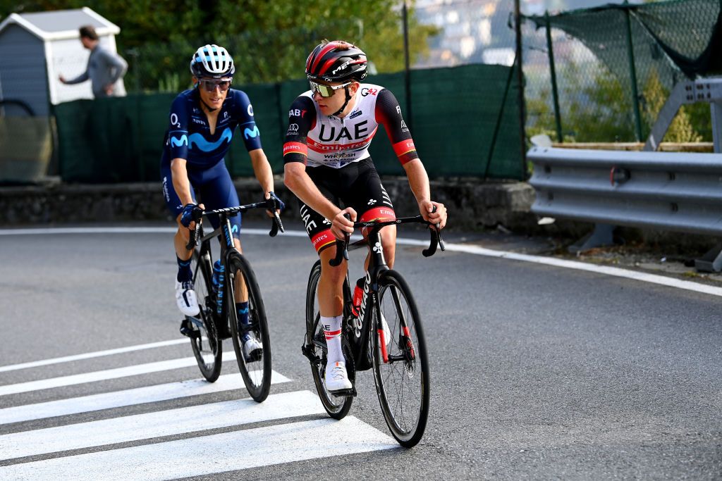 COMO ITALY OCTOBER 08 LR Enric Mas Nicolau of Spain and Movistar Team and Tadej Pogacar of Slovenia and UAE Team Emirates compete in the breakaway during the 116th Il Lombardia 2022 a 253km one day race from Bergamo to Como iLombardia on October 08 2022 in Como Italy Photo by Tim de WaeleGetty Images