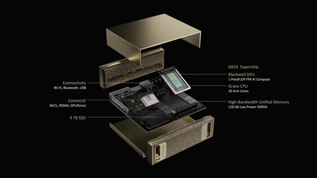 A labelled image of an Nvidia DGX Spark, with an 'exploded' view of the internal components..