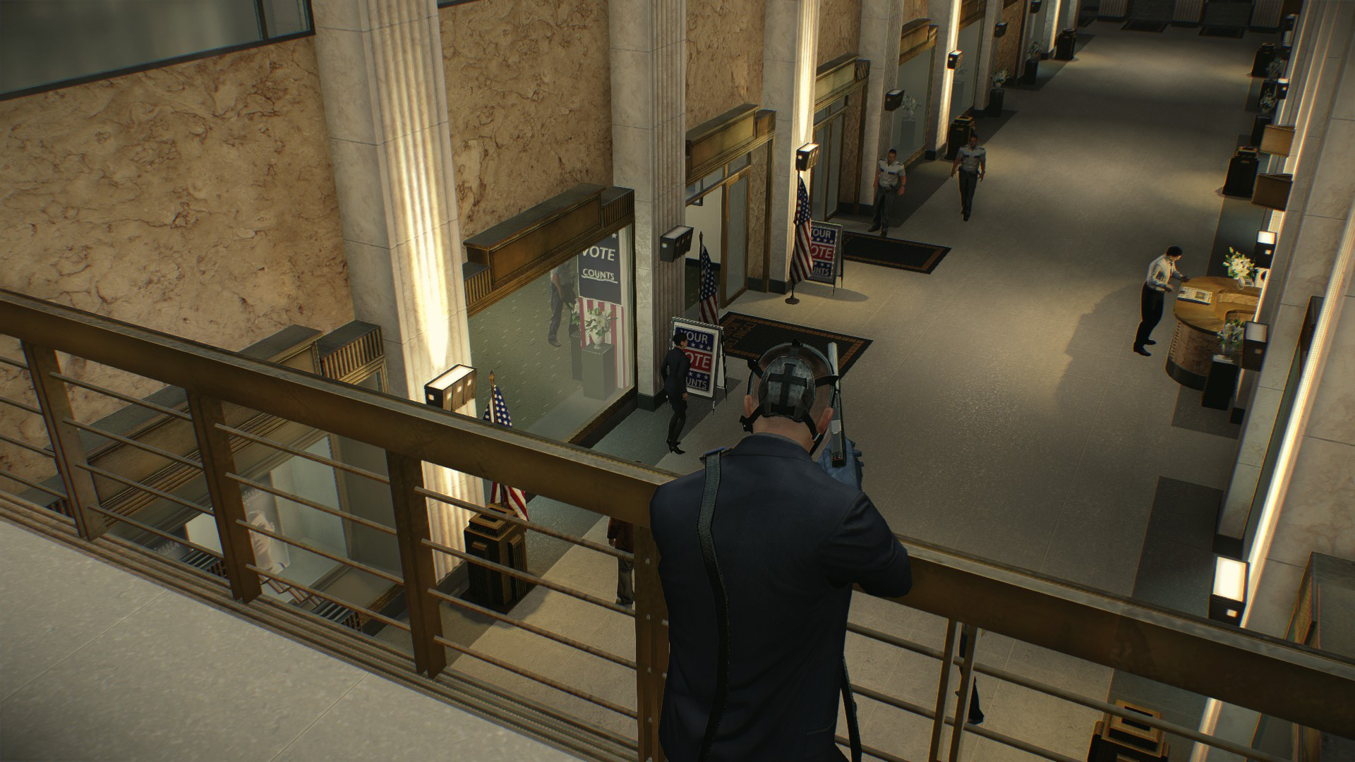 Payday 2 bank robber looking down on a bank floor