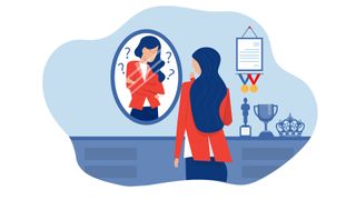 Illustrated woman confidently looking in the mirror, reflection looking nervous