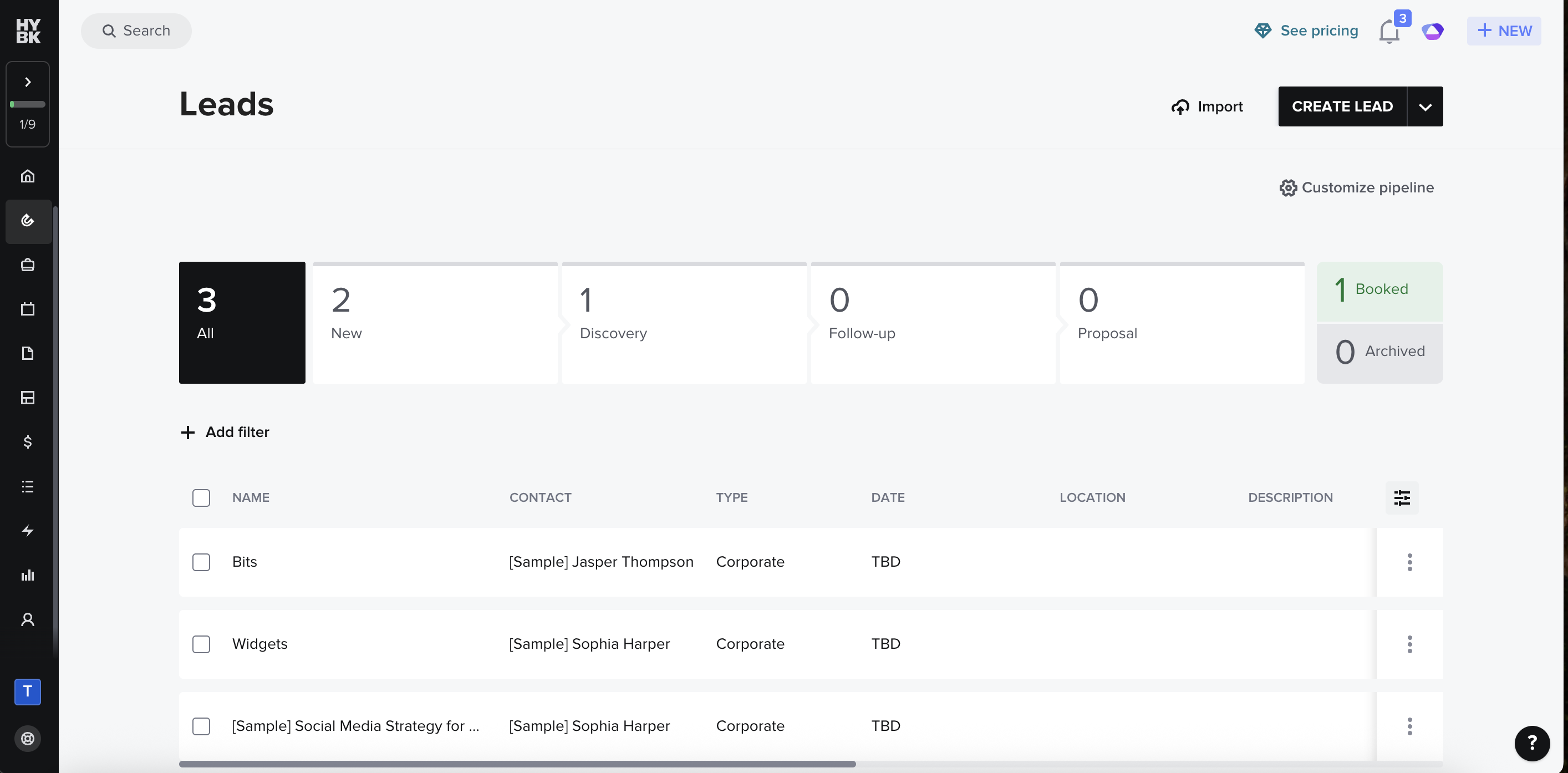 screenshot of HoneyBook crm platform