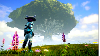Palworld character in front of giant world tree
