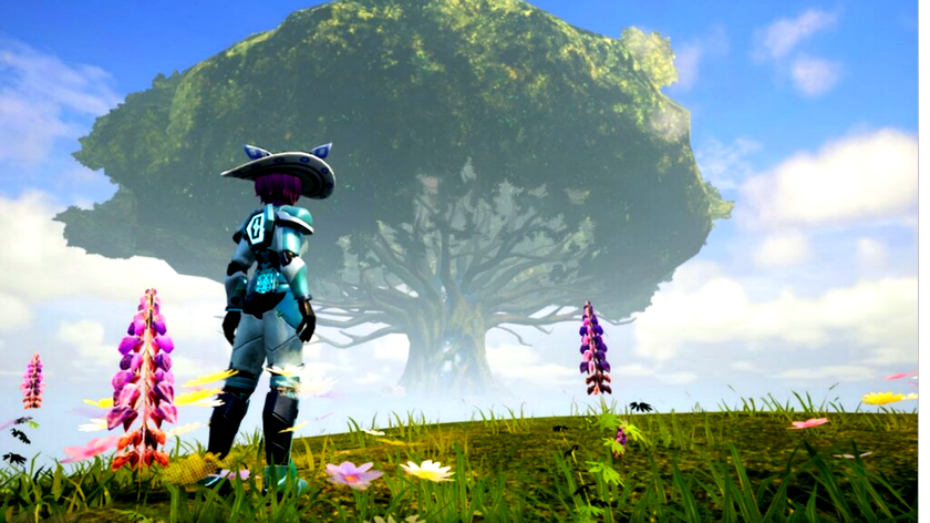 Palworld character in front of giant world tree