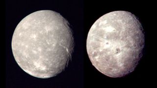 Two Saturnian moons are seen side by side (not to scale) as imaged by a NASA spacecraft.