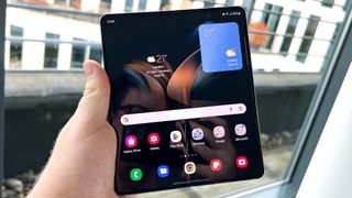 The Samsung Galaxy Z Fold 4 open on its home screen