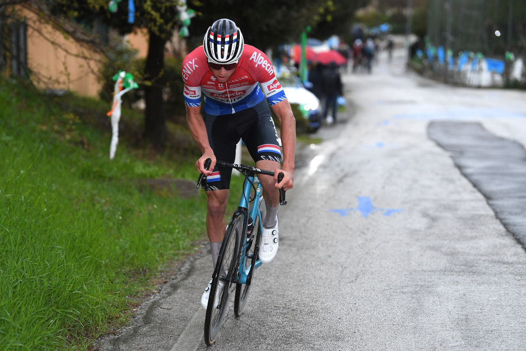 CASTELFIDARDO ITALY MARCH 14 Mathieu Van Der Poel of Netherlands and Team AlpecinFenix during the 56th TirrenoAdriatico 2021 Stage 5 a 205km stage from Castellalto to Castelfidardo 175m Breakaway TirrenoAdriatico on March 14 2021 in Castelfidardo Italy Photo by Tim de WaeleGetty Images