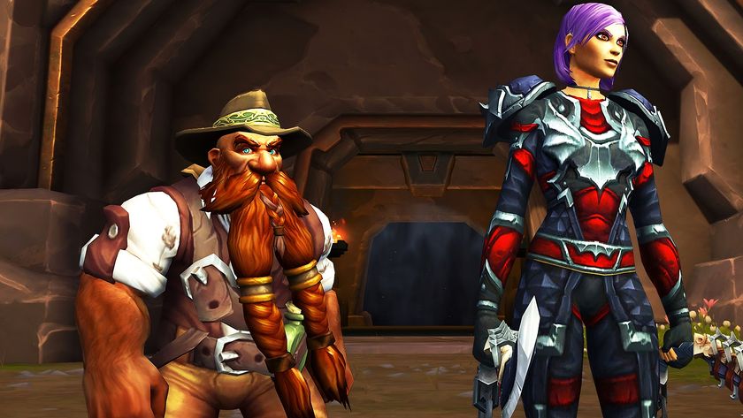 A World of Warcraft dwarf and human character standing in front of the entrance to a delve dungeon