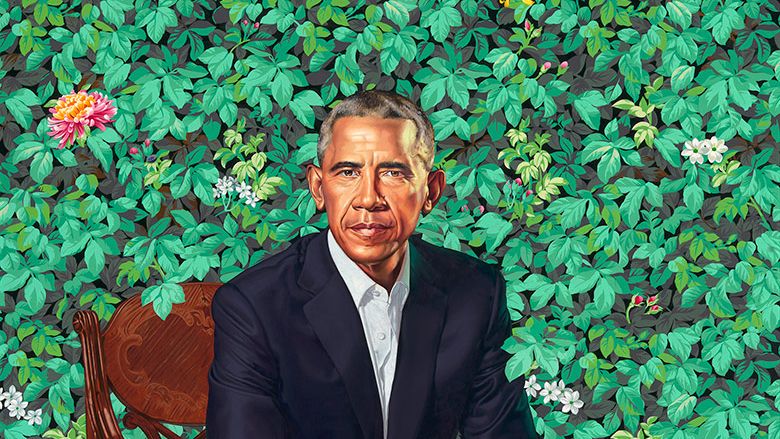 Barack Obama painted against a floral background