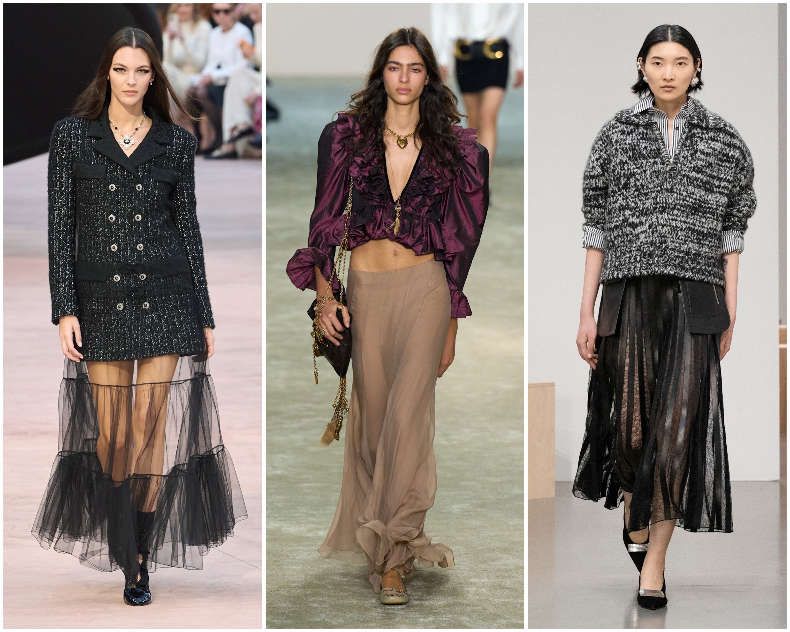 sheer skirts on the fall 2025 runways of chanel, chloe, and brandon maxwell