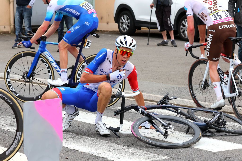 LONGWY FRANCE JULY 07 Kevin Geniets of Luxembourg and Team Groupama FDJ crashes during the 109th Tour de France 2022 Stage 6 a 2199km stage from Binche to Longwy 377m TDF2022 WorldTour on July 07 2022 in Longwy France Photo by Garnier Etienne PoolGetty Images