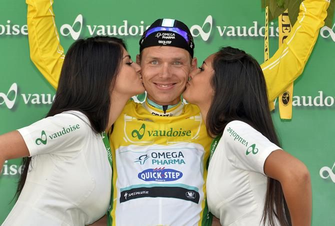 Tony Martin (Omega Pharma-QuickStep) on the podium as the Tour de Suisse race leader