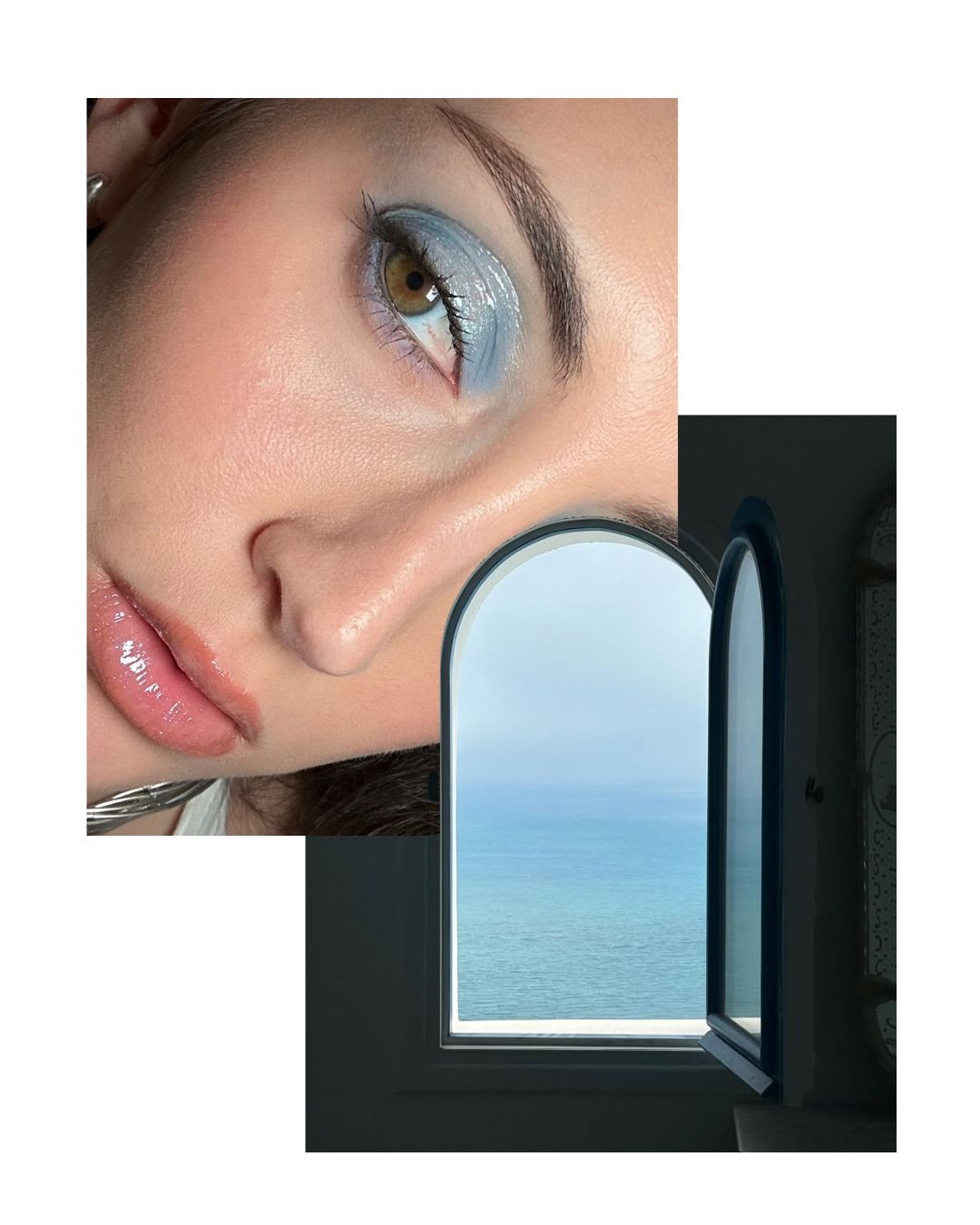 Overlapping images of a makeup look by Alyssa Brascia and a photo of the ocean through a window by Emna Sellimi.