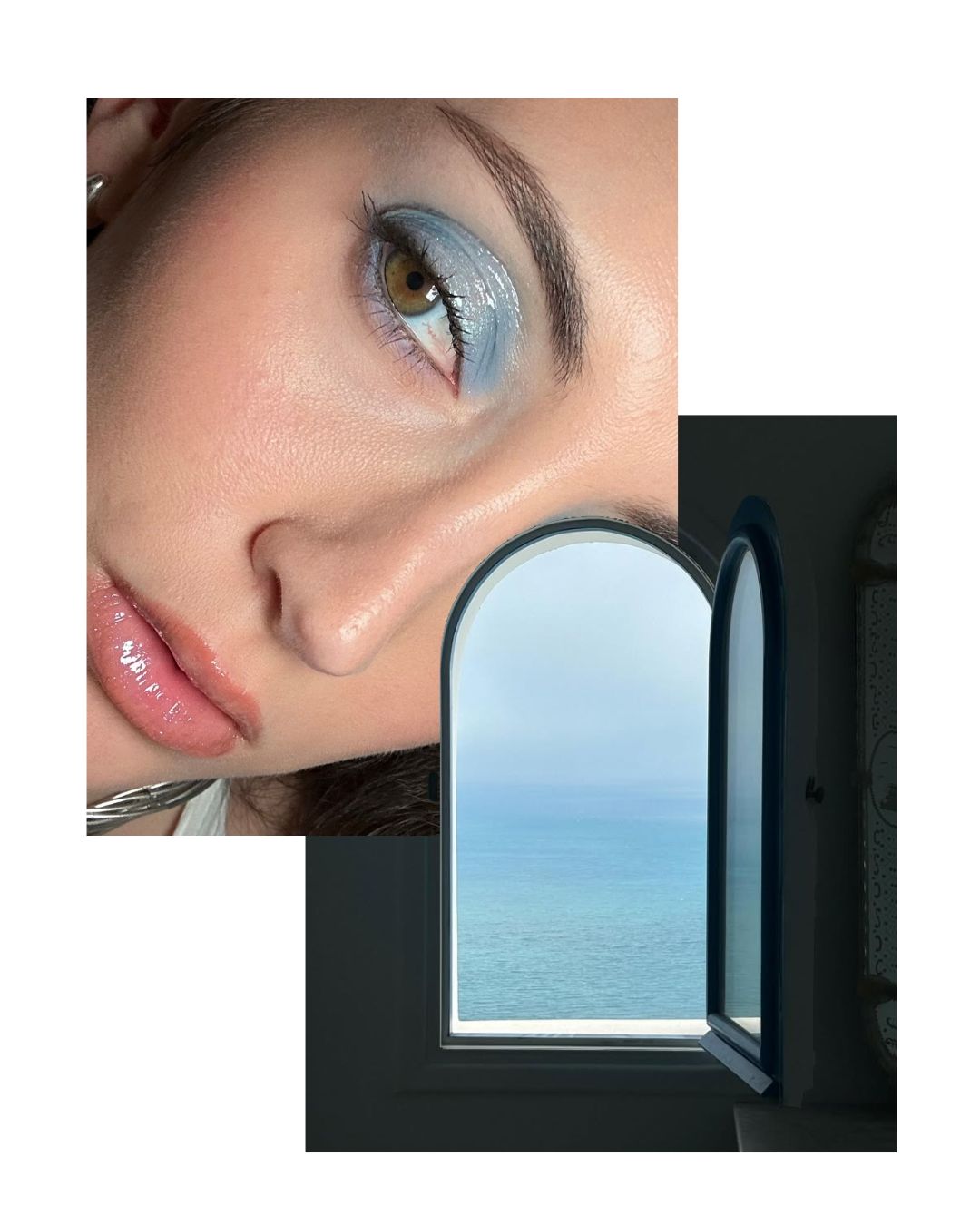 Overlapping images of a makeup look by Alyssa Brascia and a photo of the ocean through a window by Emna Sellimi.