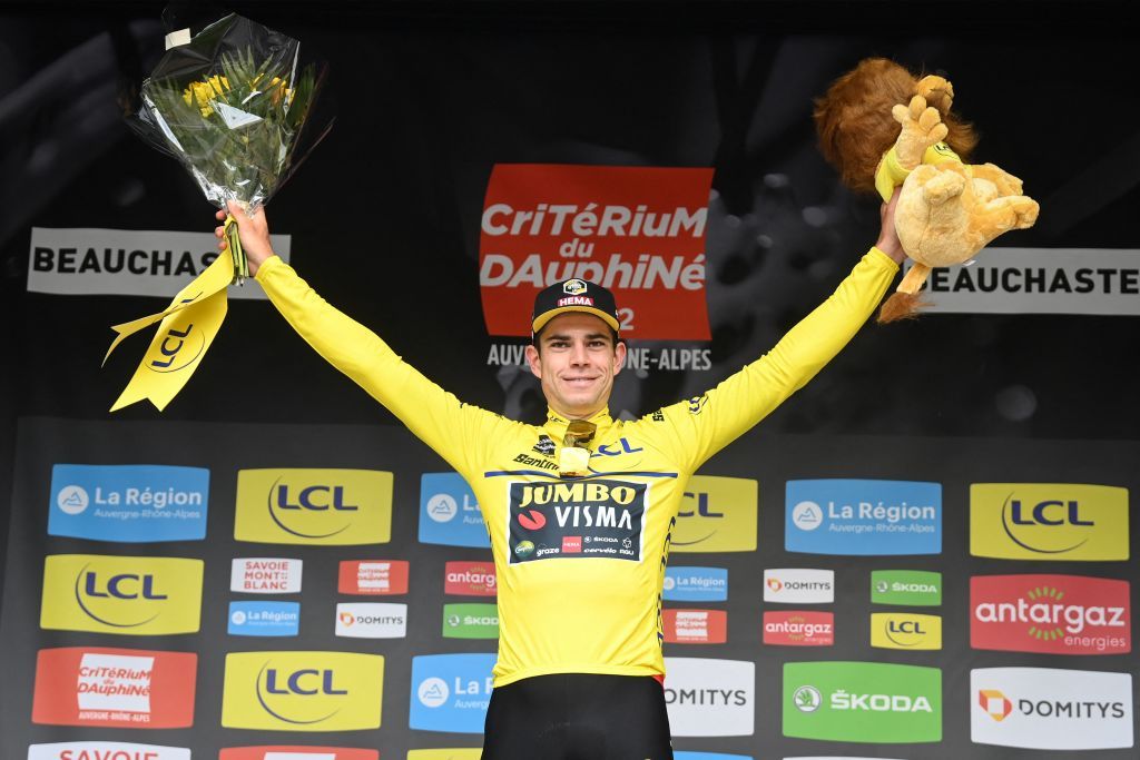 Belgian Wout Van Aert of Team JumboVisma celebrates on the podium in the yellow jersey of leader in the overall ranking after the first stage of the Criterium du Dauphine cycling race 192 km between La VoultesurRhone and Beauchastel France Sunday 05 June 2022 BELGA PHOTO DAVID STOCKMAN Photo by DAVID STOCKMAN BELGA MAG Belga via AFP Photo by DAVID STOCKMANBELGA MAGAFP via Getty Images