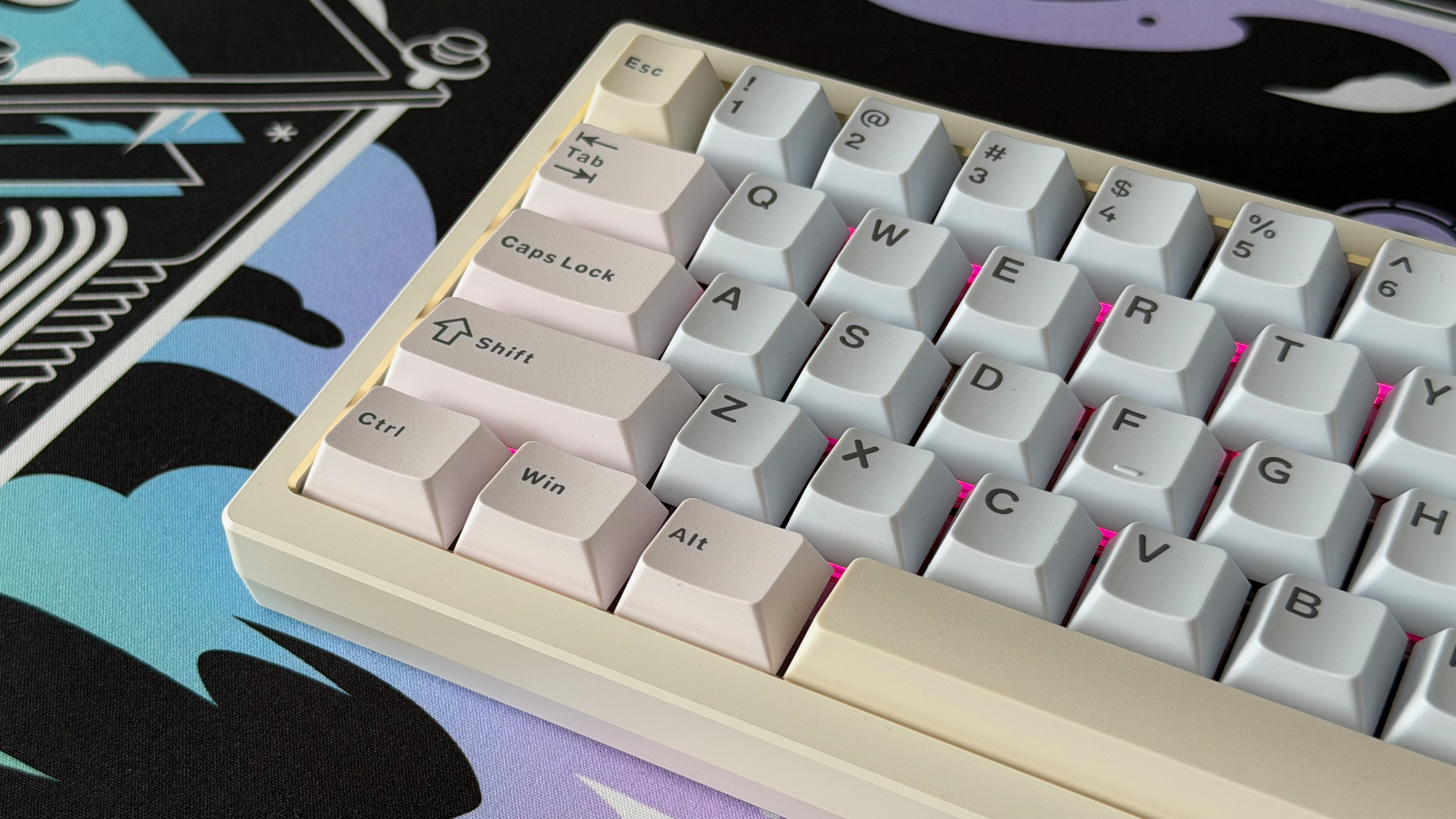 A closeup of the Wobkey Zen 65 Ultra, showing the left hand end of the keyboard.