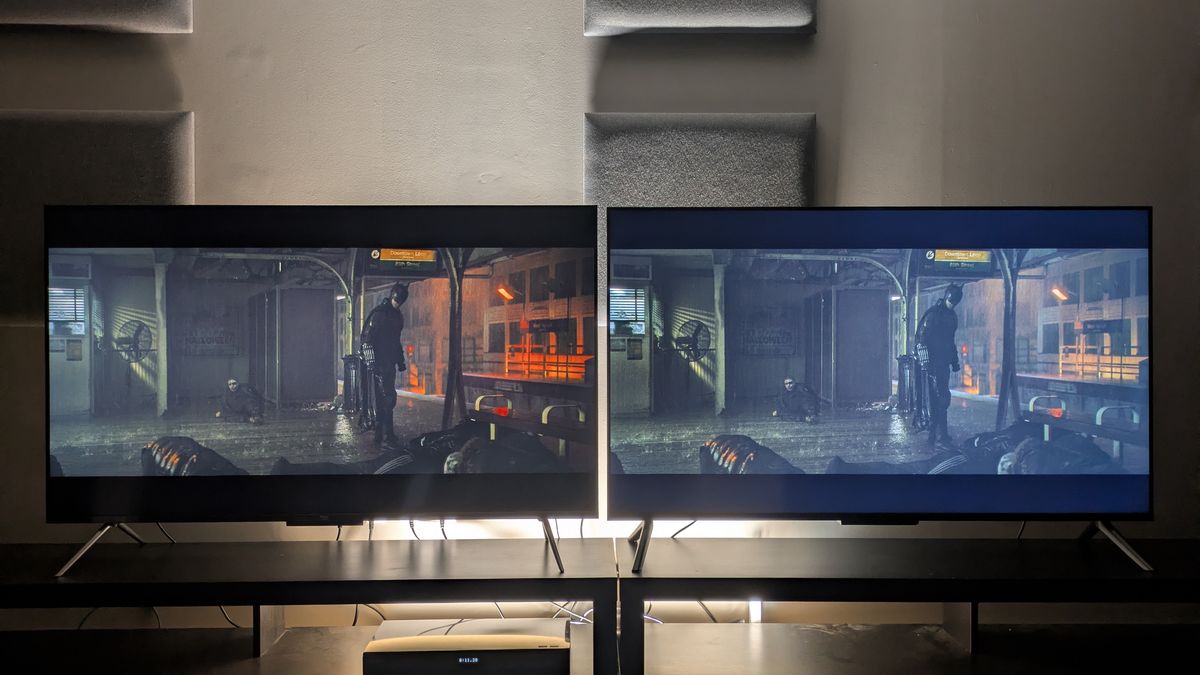 Amazon Ember QLED (left) and Amazon Ember 4-series (right) showing The Batman on screen, in ambient/dimmed room. The 4-series shows a backlight clouding/bleeding effect while the QLED is more uniform