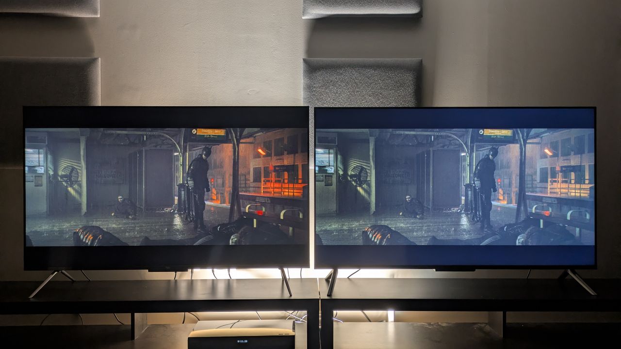Amazon Ember QLED (left) and Amazon Ember 4-series (right) showing The Batman on screen, in ambient/dimmed room. The 4-series shows a backlight clouding/bleeding effect while the QLED is more uniform