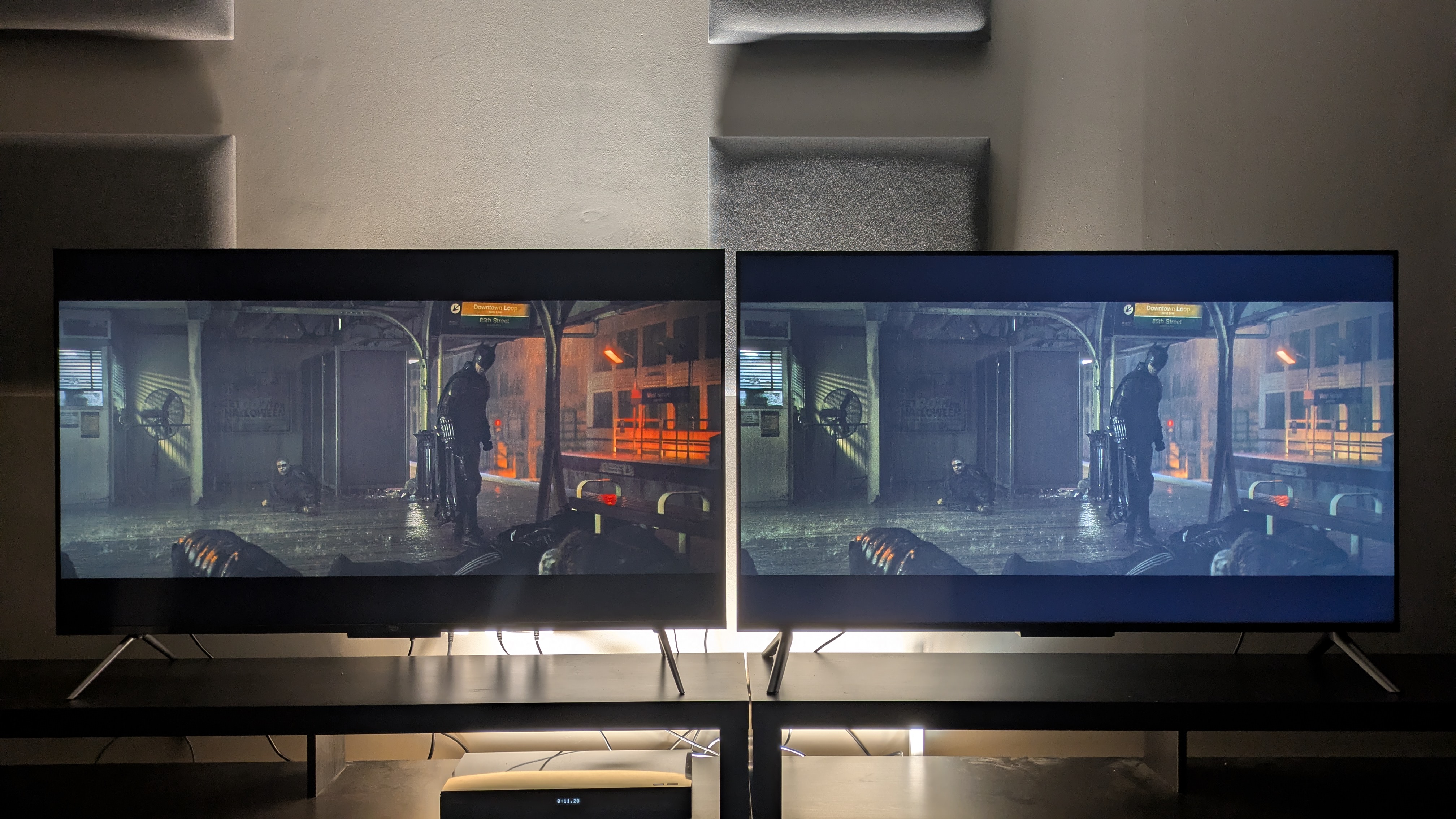 Amazon Ember QLED (left) and Amazon Ember 4-series (right) showing The Batman on screen, in ambient/dimmed room. The 4-series shows a backlight clouding/bleeding  effect while the QLED is more uniform