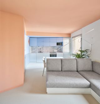 A living room with pink walls and light gray sofa