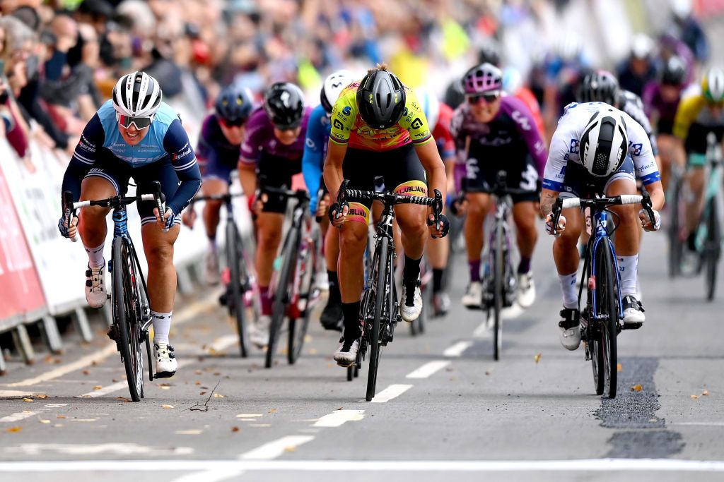 BANBURY ENGLAND OCTOBER 04 Marta Bastianelli of Italy and Team Ale Btc Ljubljana Chloe Hosking of Australia and Team Trek Segafredo and Clara Copponi of France and Team FDJ Nouvelle Aquitaine Futuroscope sprint to win during the 7th The Womens Tour 2021 Stage 1 a 1477km stage from Bicester to Banbury thewomenstour UCIWWT on October 04 2021 in Banbury England Photo by Justin SetterfieldGetty Images