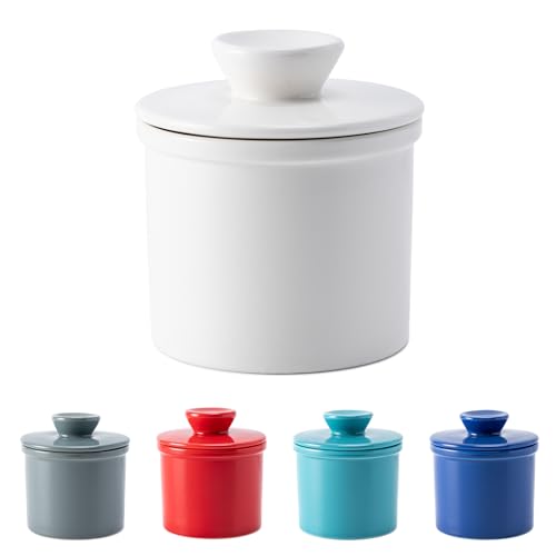 Husfunov Butter Crock With Water Line for Countertop, French Dish With Lid, Ceramic Keeper for Fresh Spreadable Butter, Container Holder for Kitchen and Home Decor, White