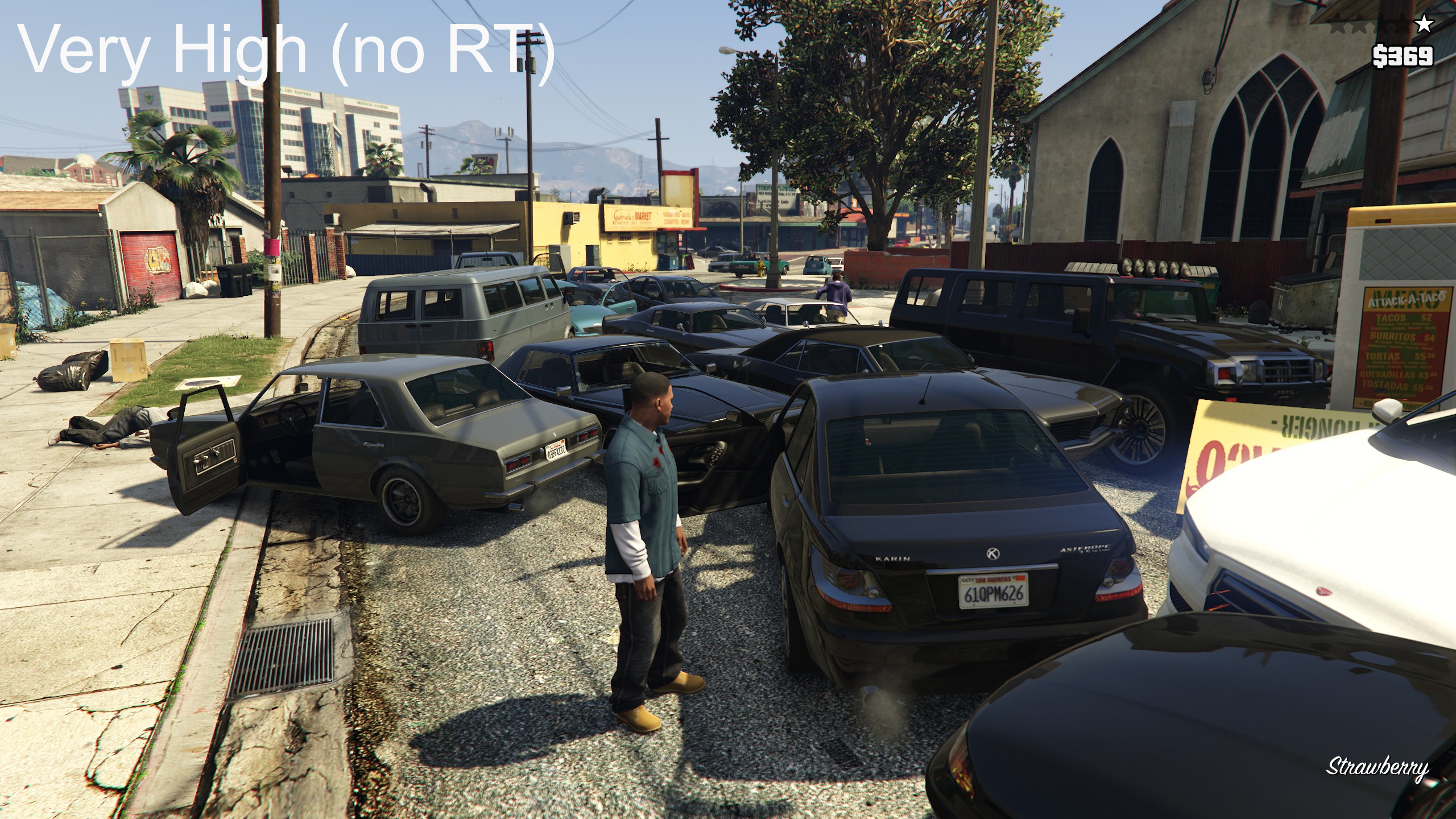 A screenshot taken in GTA 5 Enhanced edition showing a street scene with multiple cars at Very High settings with no ray tracing enabled