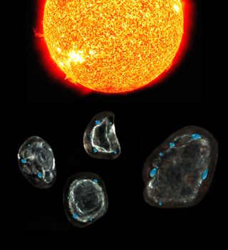 This illustration shows water forming on interplanetary dust particles due to space-weathering from the solar wind. Hydrogen ions in the solar wind react with oxygen atoms in the dust to make the water inside tiny vesicles (blue). This type of water forma
