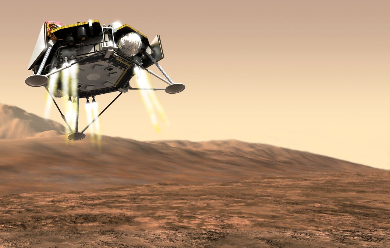 Illustration of NASA&amp;#039;s InSight craft landing on Mars. 