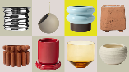 A grid of colorful indoor planters