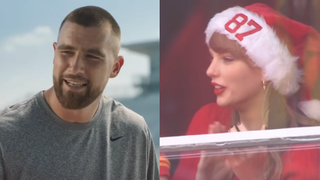 Screenshot of Travis Kelce in State Farm commercial, Taylor Swift at NFL game