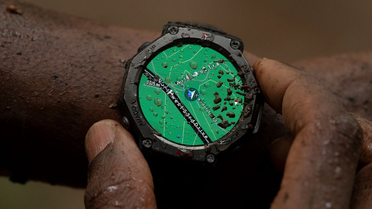 An AmazFit T-Rex 3 Smartwatch in the rain