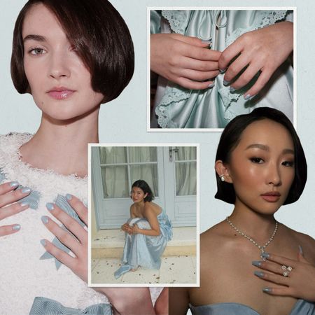 Photo collage of icy blue manicures 